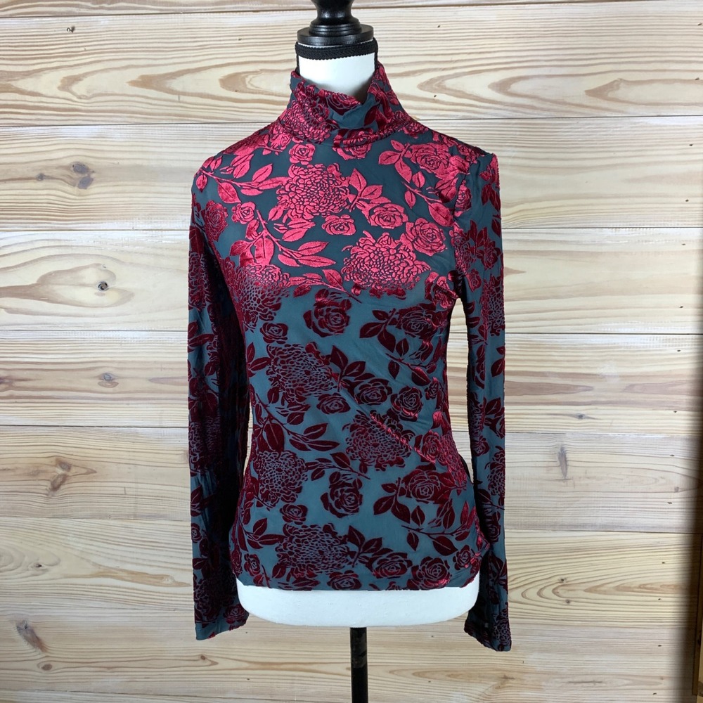 Anthropologie Burnout Velvet Top Womens Medium Red Floral Mesh Turtleneck Blouse